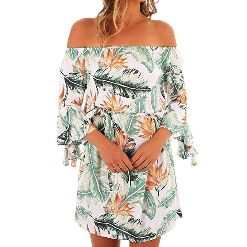 Women Off Shoulder Leaves Short Mini Dress Ladies Beach Party Dresses