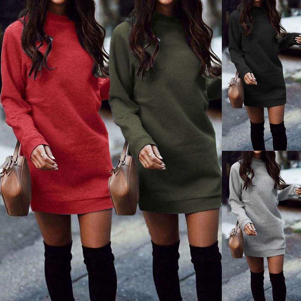 Women Winter Warm Round Neck Long Sleeve Mini Dress Party Sweatshirt Dress